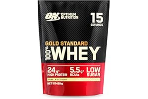 Optimum Nutrition Gold Standard 100% Whey, Proteína en Polvo para Recuperacíon y Desarrollo Muscular con Glutamina Natural y Aminoácidos BCAA, Sabor Helado de Vainilla, 15 Dosis, 450 g
