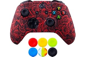 9CDeer 1 Piece of SiliconeTransfer Print Protective Cover Skin + 6 Thumb Grips for Xbox One/S/X Controller Foliage Red
