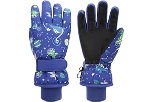 QKURT Bambini Guanti da Sci, Inverno Guanti da Neve Impermeabili, Muffole Foderati in Pile Caldo, Dinosauro Bambini Muffole per Sledding Snowboard Sci per Ragazzi e Ragazze di età 4-6