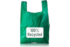 PWgoods 100% Recycled Plastic Carrier Bags - Green, Large 11 x 17 x 21, Heavy Duty 22mu, 100 Pack, Easy Tie Handles, Takeaway Shopping Retail Grocery Bin Bag