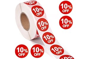 Tinoaly 1000pz Adesivi 10% di Sconto, 25mm Adesivi Autoadesivi Rotondi 10 Percento di Sconto Etichette Promozionali Pratiche Vendita per Negozi al Dettaglio Supermercati (Rosso)