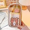 RMHXCC Kawaii Clear Pencil Case for Girls, Cute Bear Bunny Pencil Pouch, Large Capacity Pencil Organizer Bag, Kawaii School Supplies, Kawaii Clear Pencil Case Stationary Back To School Gifts (Brown)