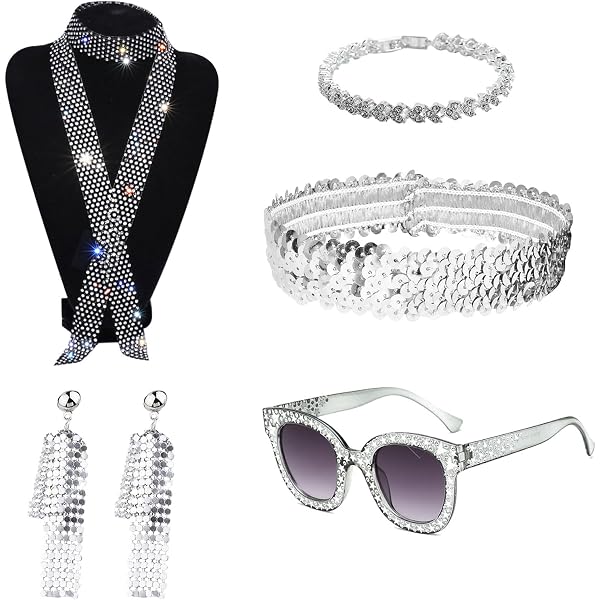 Fourindo 6 Pièces Deguisement Disco des Années 1970, Accessoire Disco avec Lunette Bandeau Bracelet Anneaux Boucles D'oreilles Collier, Deguisement Disco Femme pour Fête à thème des Années 70 80