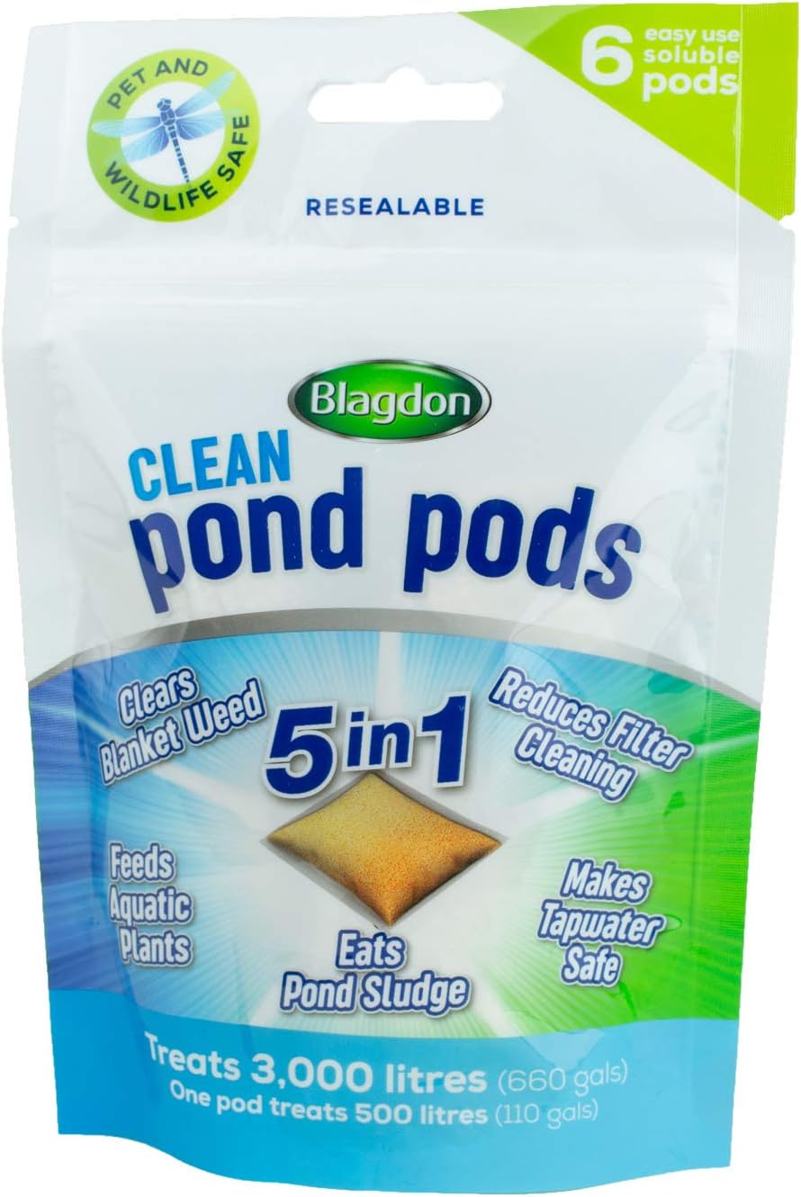 Blagdon Clean Pond Pods, Clears Blanket Weed, Reduces Filter Cleaning, Feeds Aquatic Plants, Eats Pond Sludge, Removes Chlorine, Makes Tap Water Safe, Pet & Wildlife Safe (pack of 6 pods)