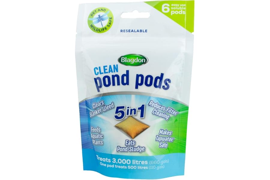 Blagdon Clean Pond Pods, Clears Blanket Weed, Reduces Filter Cleaning, Feeds Aquatic Plants, Eats Pond Sludge, Removes Chlorine, Makes Tap Water Safe, Pet & Wildlife Safe (pack of 6 pods)