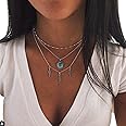 Aneneiceera Boho Multilayer Turquoise Necklace Silver Vintage Ethnic Sunflower Necklace Tassel Leaves Layered Statement Sun Feather Pendant Necklace Jewelry for Women and Girls