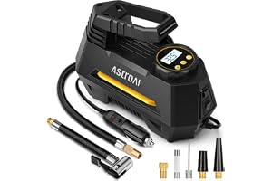 AstroAI Tyre Inflator Air Compressor 12V, Electric Air Pump 150 PSI | Tire inflator Auto-Stop Portable pump with 4 Valve Adaptors for Car and LED Light, 1-min Fast inflation for SUV, Yellow