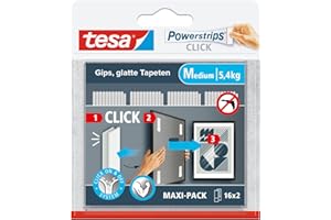 tesa Powerstrips CLICK - Klett-Klebepads zum An- und Abklicken von Bilderrahmen und Wanddekorationen ohne Bohren - selbstklebende Klettband-Strips mit ON und OFF Click-System - Medium - 16 x 2 Stück