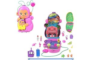Polly Pocket Adventures in Rio Mamá mono y su bebé, Cofre-bolso 2 en 1, 2 sets de juego que incluyen 2 mini muñecas, animales y teleférico, juguete regalo para niños y niñas +4 años, HWP04