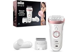 Braun Silk-�pil 9 Epilator Hair Removal, Includes Facial Cleansing Brush High Frequency Massage Cap Shaver and Trimmer Head, Cordless, Wet & Dry, 100% Waterproof, UK 2 Pin Plug, 9-880, White/Pink