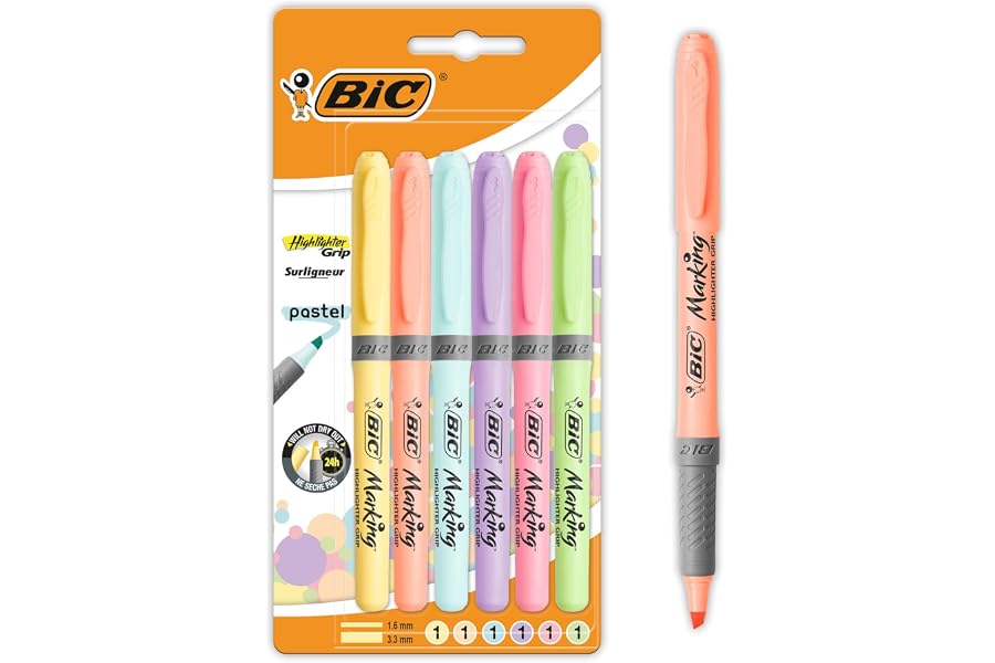 BIC Highlighter Grip Pastel Marcadores de Punta Biselada Regulable - Colores surtidos, Pack de 6 subrayadores pastel, Óptimo 