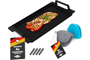 MaxxGoods Plaque de cuisson en fonte d'aluminium avec poignées latérales, nervurée, 41 x 24 x 2,5 cm, pour induction et toutes les plaques de cuisson courantes, surface en céramique, revêtement