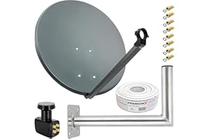 PremiumX Satelliten-Komplettanlage 80cm Antenne Anthrazit Quad LNB 50m Kabel 8X F-Stecker Wandhalter 45cm, SAT bis 4 Teilnehmer