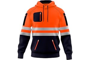 TORO ACTIVA Mens Hi Vis Work Wear Pullover Hoodie Safety Sweatshirt Reflective Tape High Viz Hoodie High Visibility Sweatshirt Top Multi Zipper Pockets S-2XL