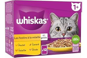 WHISKAS Repas pour Chat, 48 Sachets Fraîcheur (Lot de 4 Packs 12x85g), Festins à la Volaille (4 variétés), Pâtée pour Chat Adulte en Gelée. Nourriture Humide Adaptée aussi aux Chats Stérilisés