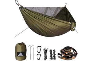 NATUREFUN Hamac de Camping avec Moustiquaire | Capacité de Charge de 300kg, (290 x 140 cm) Nylon Parachute Respirant, séchage Rapide | Accessoires complets | Hamac de Voyage Facile à Installer