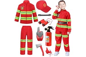 Cnexmin Costume da pompiere per bambini con pompiere giocattolo per Halloween Carnevale bambino gioco di ruolo regalo 3,4,5,6,7,8,9 anni