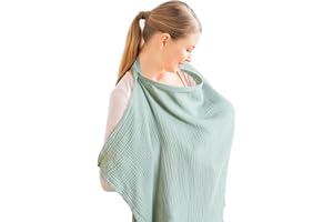 Konssy Musselin-Abdeckung zum Stillen von Babys, atmungsaktiv, 100% Baumwolle, Stillbezug mit starrem Reifen für Mutter, Stillschürze, Mehrzweck-Autositz-Baldachin (Green)