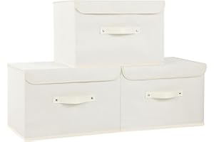 ENUMAIL 3 Pièce Boîtes de Rangement Pliables en Tissu avec Couvercle, L'organisateur de Vêtements avec Poignées, Panier Rectangulaire pour Ranger Livres, Chaussettes, 38×25×25cm, Beige