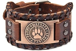 Thajaling Bracciale da uomo in pelle con lupo vichingo e rune nordiche, stile retrò, punk, costume di Halloween, pelle, Pelle