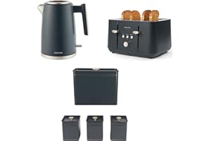 Salter COMBO-8853A Marino 4 Piece Breakfast & Countertop Set - 1.7L Fast Boil Kettle With Limescale Filter, 4 Slice Toaster, Carbon Steel Bread Bin & 3 Piece Storage Canisters For Tea/Coffee/Sugar
