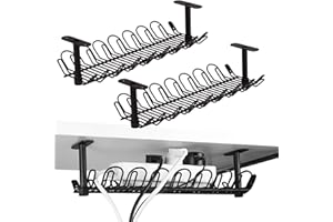 BASKISS 2 Packs Cable Management Tray, 36.5cm Under Desk Cable Holder for Wire Management, Heavy Metal Cord Organizer Ideal for Computer Home Office Standing Tables to Hide Power Strips (Black)