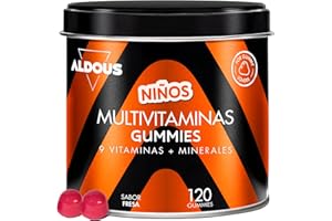 ALDOUS BIO Vitaminas Niños Gominolas - 120 Gummies Sabor natural Fresa - Vitaminas y Minerales - Defensas - Multivitaminas Niños con Vitamina C, D, B12, Zinc, Ácido Fólico, Yodo, Colina - Vitaminas Kids