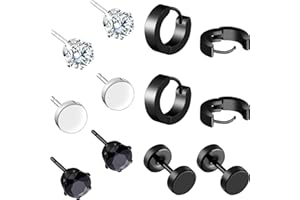 YAOMIAO 7 Pairs Stainless Steel Stud Earrings Black Zircon Earrings Small Hoop Earrings Barbell Dumbbell Stud Earrings for Men Women