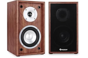 AUNA Linie-300-SF-WN Paire d’Enceintes d’étagère passives (2 Voies Bassreflex 70W RMS, subwoofer 13cm de 5", Contacts plaqués Or) - Noyer