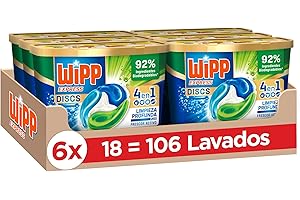 Wipp Express DISCS 4 en 1, Pack de 6, Total 108 dosis, Detergente en Cápsulas, Detergente para Lavadora Eficaz de 20 a 95 °C, Quitamanchas con Limpieza Profunda Plus