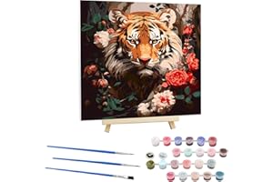 EOBROMD Tiger in Flower Paint by Numbers for Adults Beginners, Animal Paint by Numbers Kits with Frame & Wood Easel, Wrinkle-Free Paint by Numbers for Gift Home Wall Decor 12x12inch