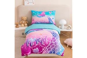 STYHO Mermaid Toddler Duvet Cover Aqua Purple Mermaid Tail Bedding Set for Cot Bed Soft Reversible Colorful Gradient Toddler Bedding with Pillowcase(Aqua Purple, Cot Bed)