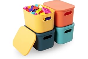HapiLeap Storage Boxes With Lids, Stackable Plastic Storage Baskets for Shelves Kitchen Bathroom Playroom Classroom Office Nursery, 24.5x 17.5 x16cm, (Small (4 PCS))