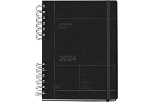 Miquelrius - Agenda Anual 2024 Back to Basics, Día Página, Tamaño Plus 155 x 213 mm (similar A5), Cubierta rígida, Espiral doble, Cierre con goma, Español, Inglés y Portugués, Negro