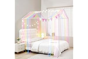 ZIQINPSQ Montessori Lot de 2 rideaux de lit pour filles et garçons, moustiquaire pour enfants, cadre de lit en bois, décorations de chambre à coucher (arc-en-ciel)