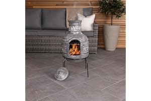 Charles Bentley Leaf Motif Clay Chiminea BBQ Grill with Artisan Leaf Design Rain Lid & Stand