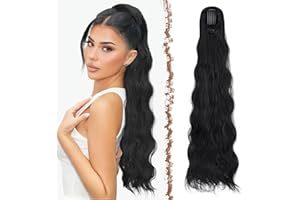 FESHFEN Noir Queue de Cheval Extension avec Cordon, 75cm Longue Ponytail Ondulés Cheveux Naturel Peigne Clip in Postiche Cheveux Synthétique Extension Cheveux pour Femmes