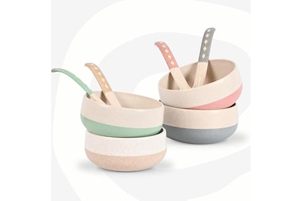 Eha Earth-Friendly Soup Bowls with Spoons 250 ml Made with Rice Husk Biocomposite Microwave Safe Bowls for Kitchen Serving Bowl Set of 4 Pastel, Multicolor