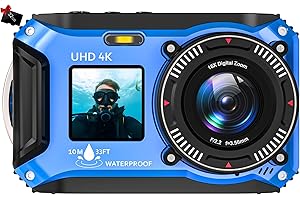 YISENCE Digital Camera - 4K 56MP 33FT UHD Underwater Camera for Snorkeling with 32GB Card Dual-Screen Compact Waterproof Dustproof Floatable Camera - Autofocus Point and Shoot Digital Camera 1500mAh Battery