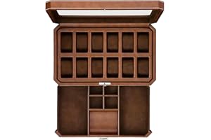 ROTHWELL 12 Fente en Cuir Coffret Avec Valet Tiroir - Montre de Luxe Case Organisateur Affichage, Microsuède Liner, Boîtes de Rangement Porte-hommes Grand Verre Top Ecrins Pour Montres (Marron)