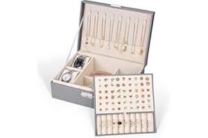 CORYIN Jewellery Box Organiser for Women Girls Lockable Jewelry Storage Case PU Leather Jewelry Box 2 Layer Jewellery Case Jewellery Boxes Holder for Ring Earring Necklace Watch Bracelet, Grey