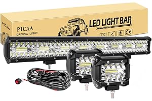 PICAA 22in 480W LED Light Bar 8D Tri-Row Spot Flood Combo Beam for Car Truck Offroad Driving SUV UTE 4WD 12V With 2PCS 4Inch 60W Pods for Boat