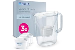 BRITA Carafe filtrante Style Essential blanche (2,4L) avec 3 MAXTRA PRO Pure Performance - Indicateur Smart Light, tient dans la porte du frigo, réduit* des impuretés, certains métaux & plus