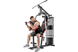 HS HOP-SPORT Hop-Sport HS-1044K stacja kulturystyczna do domu – stacja fitness + 66 kg ciężarów, wielofunkcyjne centrum fitness z linką, motylkiem i wyciągiem