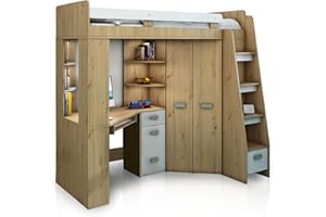 FURNITUREBYJDM High Sleeper Bed with Desk, Wardrobe and Shelves - Space Saving Loft Bed - Furniture Set for Kids (120x204x190 cm) - 80x200 cm Mattress - Right Side Steps - ANTRESOLA (Artisan Oak/White)