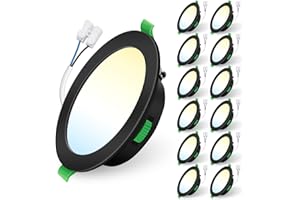 ALUSSO LIGHTING Focos Led Interior Techo,10W 800LM downlight led techo empotrable,3CCT 3000K 4000K 6500K, IP44 Corte 125-135mm, Foco Empotrable Led Techo Para baño,Cocina, dormitorio,Negro,12 Pack