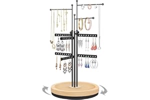 penobon Rotatif Porte Bijoux, Presentoir Bijoux Réglable en Hauteur avec Base en Bois, Support Bijoux en Métal pour Ranger Boucles D'oreilles, Colliers, Bracelets, Montres et Bagues