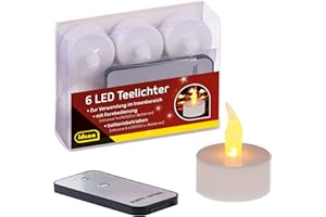 Idena 38204 - Candele da tè a LED, 6 pezzi, candele elettriche con luce tremolante, con telecomando, batterie incluse, decorazione per matrimoni, feste, Natale, Pasqua, come illuminazione d'atmosfera