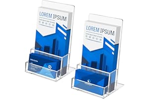 Rarapop A6 Acrylic Leaflet Holder with Business Card Holder, 2 Pack Clear Flyer Holder Countertop Brochure Display Stand for Magazine, Pamphlet, Booklets, Menu, Journals, Business Card (A6)