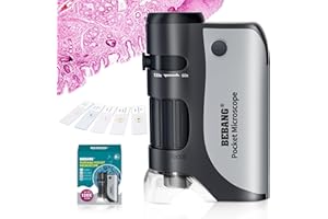 BEBANG Microscopio tascabile per bambini, mini microscopio Ottico con zoom illuminato a LED, 5 vetrini preparati, Plus-microscopio biologico portatile per studenti, osservazione microbiologica (Nero)